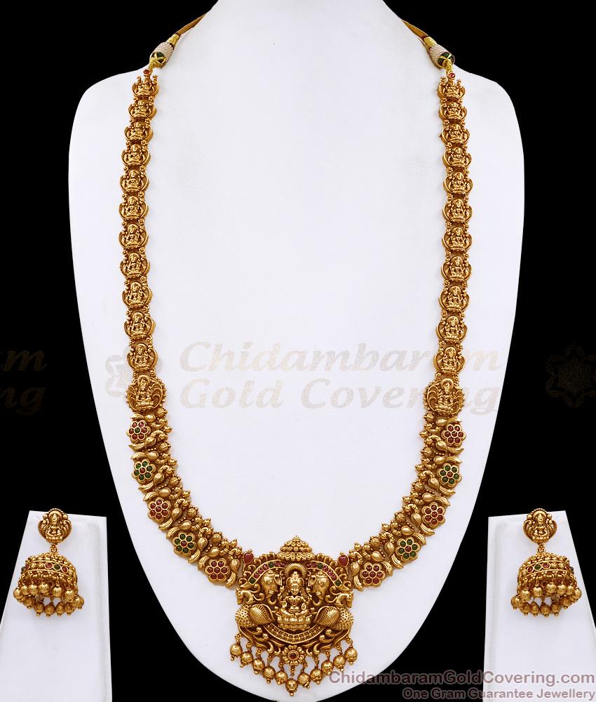 ANTQ1113 Grand Antique Gaja Lakshmi Design Ruby Green Stone Temple Haram Jhumka Set