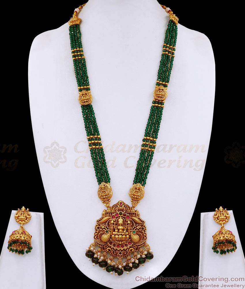 ANTQ1114 Latest Green Beaded Multi Line Antique Gold Lakshmi Haram With Jhumkas For Brides ANTQ1114 Latest Green Beaded Multi Line Antique Gold Lakshmi Haram With Jhumkas For Brides