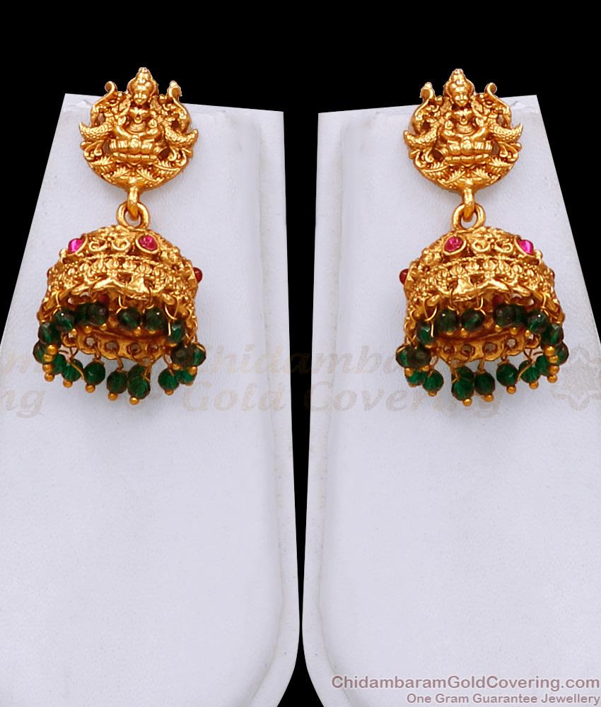 ANTQ1114 Latest Green Beaded Multi Line Antique Gold Lakshmi Haram With Jhumkas For Brides ANTQ1114 Latest Green Beaded Multi Line Antique Gold Lakshmi Haram With Jhumkas For Brides