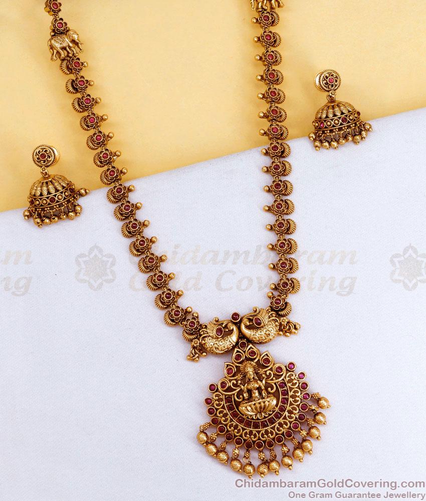 ANTQ1118 Buy Ruby Kemp Stone Antique Gold Haram Lakshmi Design Online ANTQ1118 Buy Ruby Kemp Stone Antique Gold Haram Lakshmi Design Online