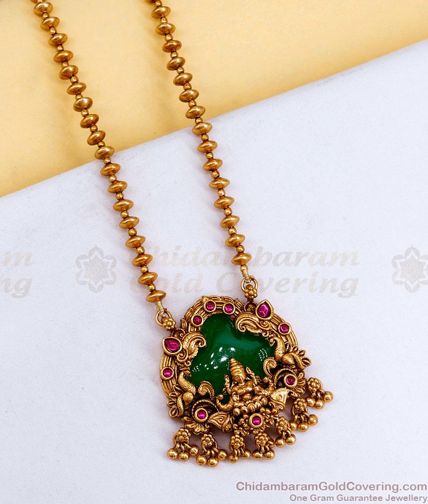 ANTQ1119 Short Secondary Haram Attractive Big Emerald Stone Lakshmi Pendant Antique
