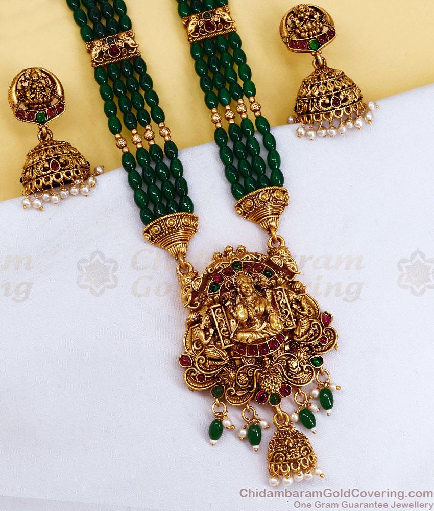 ANTQ1122 Beautiful Layered Emerald Beads Antique Gold Lakshmi Haram With Matching Jhumka