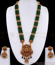 ANTQ1122 Beautiful Layered Emerald Beads Antique Gold Lakshmi Haram With Matching Jhumka