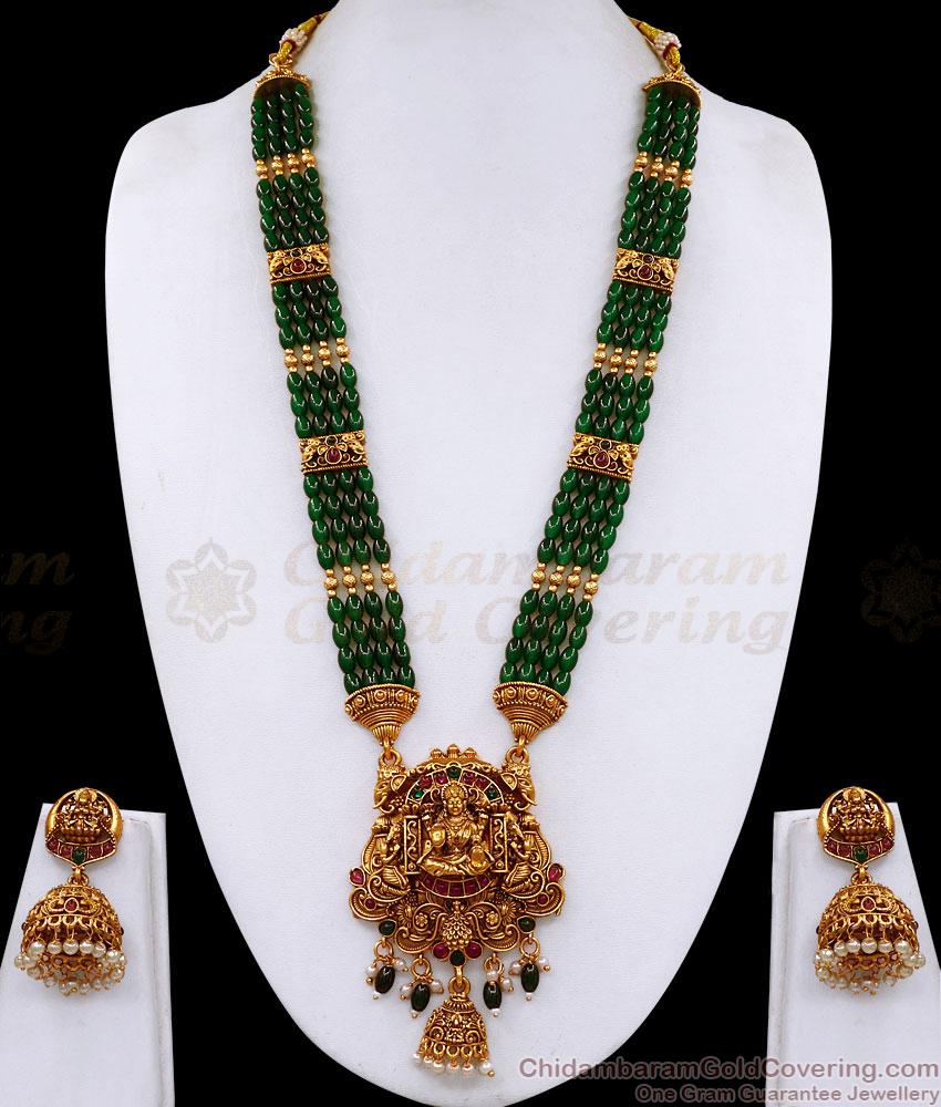 ANTQ1122 Beautiful Layered Emerald Beads Antique Gold Lakshmi Haram With Matching Jhumka