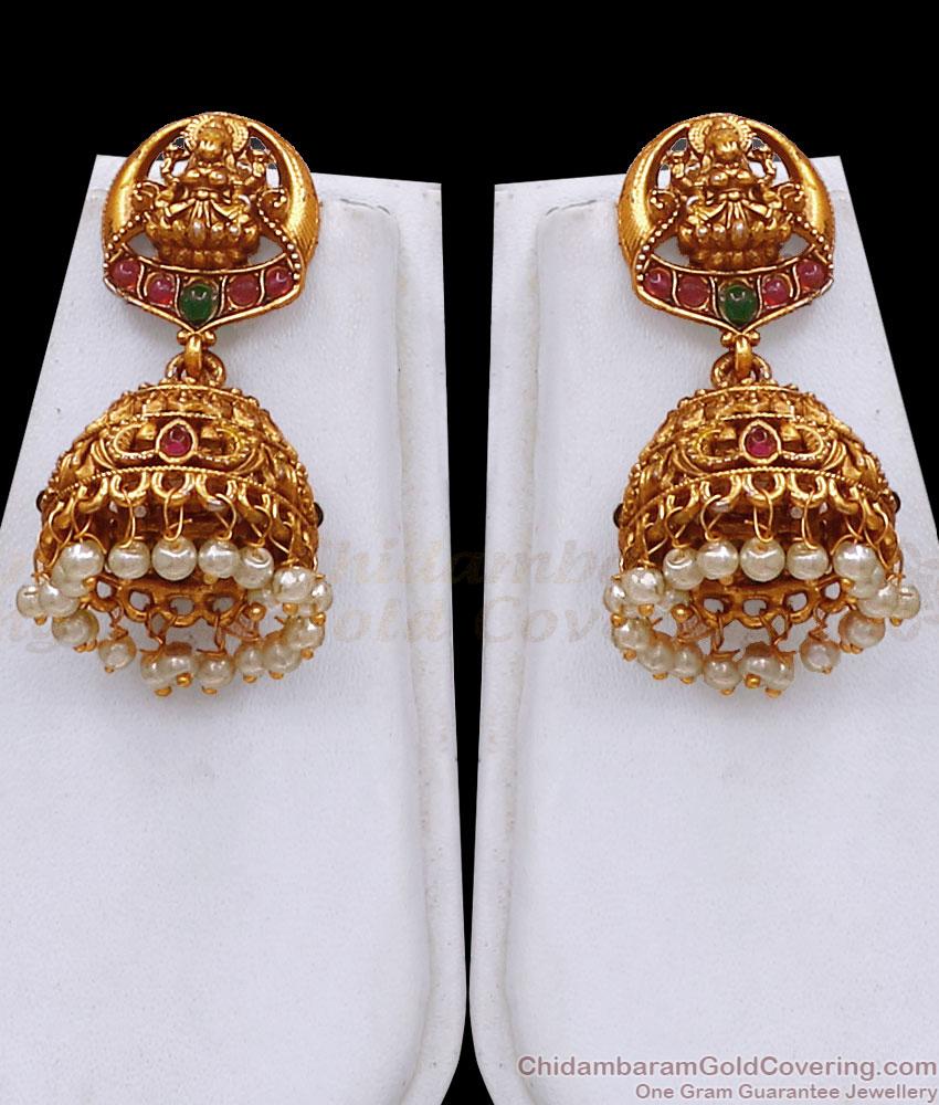 ANTQ1122 Beautiful Layered Emerald Beads Antique Gold Lakshmi Haram With Matching Jhumka