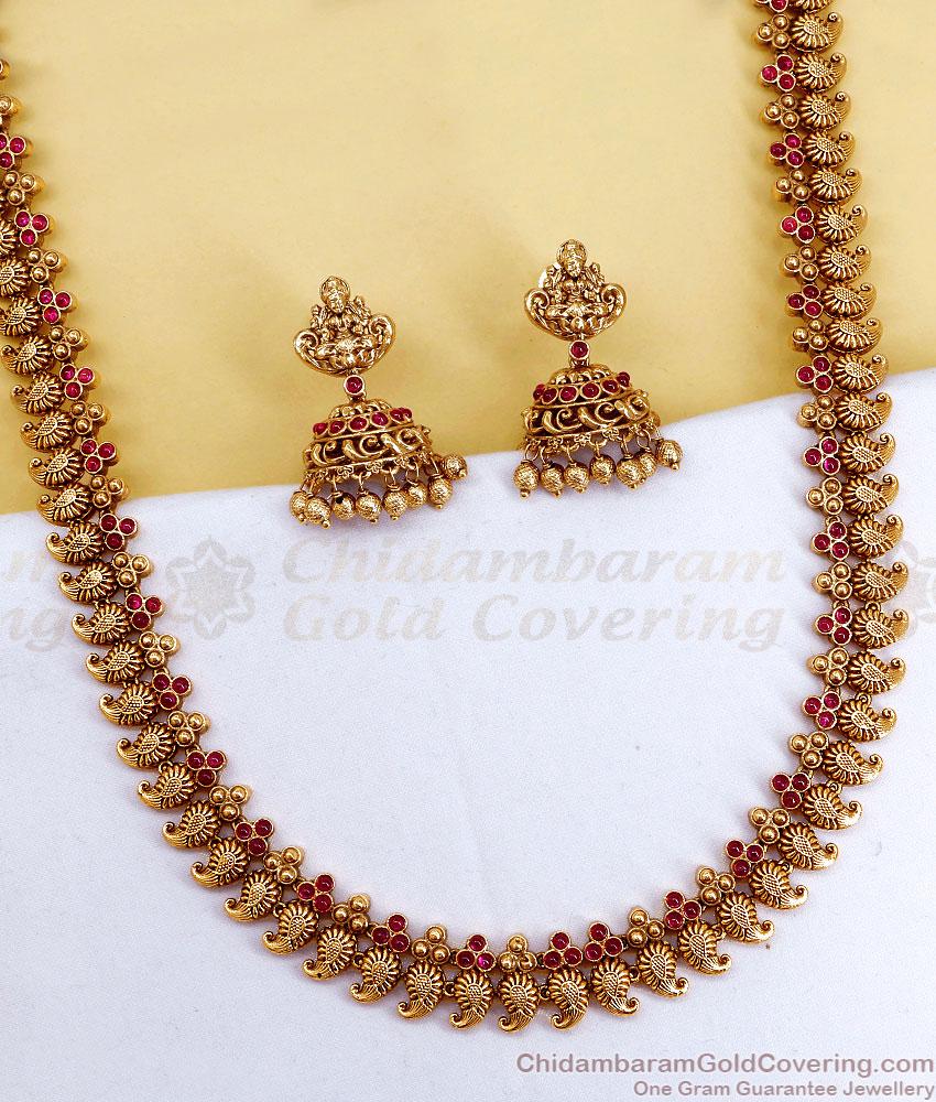 ANTQ1123 Premium Antique Ruby Mango Haram Set with Lakshmi Jhumkas ANTQ1123 Premium Antique Ruby Mango Haram Set with Lakshmi Jhumkas