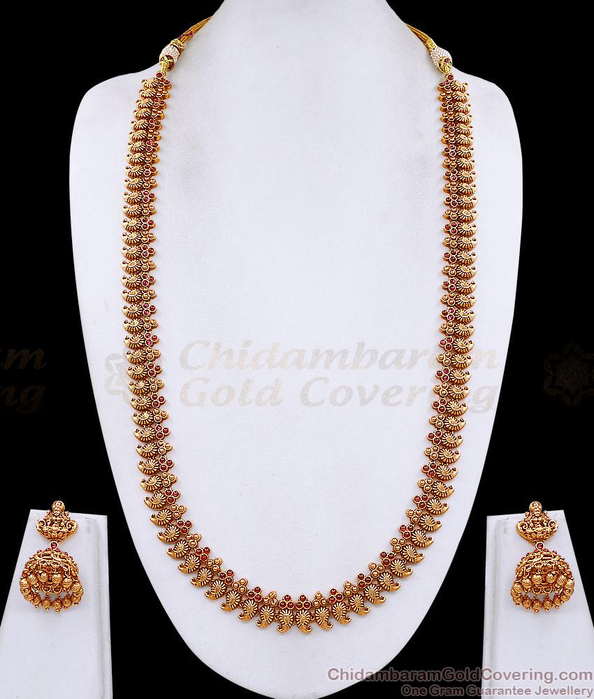 ANTQ1123 Premium Antique Ruby Mango Haram Set with Lakshmi Jhumkas ANTQ1123 Premium Antique Ruby Mango Haram Set with Lakshmi Jhumkas