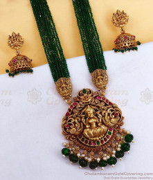 ANTQ1129 Traditional Lakshmi Design Emerald Beads Victorian Haram Set For Brides ANTQ1129 Traditional Lakshmi Design Emerald Beads Victorian Haram Set For Brides