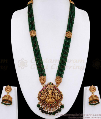 ANTQ1129 Traditional Lakshmi Design Emerald Beads Victorian Haram Set For Brides