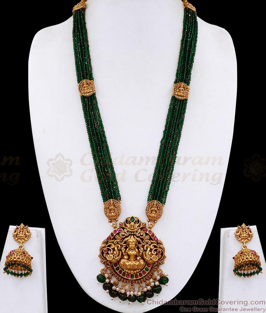 ANTQ1129 Traditional Lakshmi Design Emerald Beads Victorian Haram Set For Brides ANTQ1129 Traditional Lakshmi Design Emerald Beads Victorian Haram Set For Brides