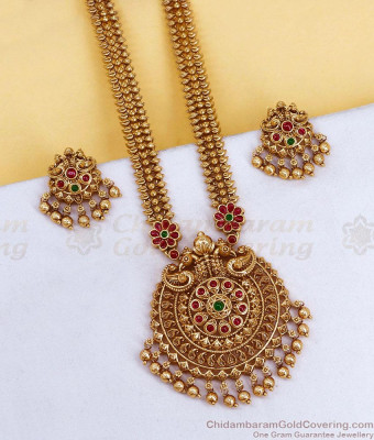 ANTQ1131 Grand Muhurtham Antique Gold Twin Peacock Medallion Haram Set