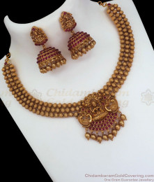 TNL1065 - Kemp Stone Lakshmi Design Temple Necklace Earring Combo TNL1065 - Kemp Stone Lakshmi Design Temple Necklace Earring Combo