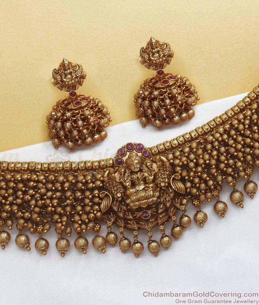 TNL1077 - Grand Gold Cluster Premium Antique Necklace Earring Combo Set