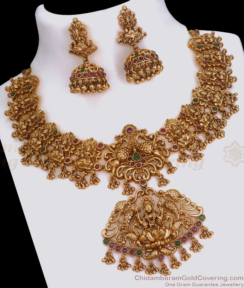 TNL1081 - Nagas Necklace Antique Gold Bridal Set With Jhumka Earring 