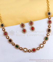 TNL1084 Antique Gold Plated Multicolor Kundan Necklace Set With Earrings