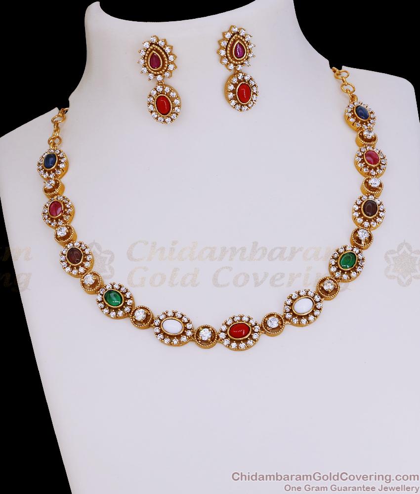 TNL1084 Antique Gold Plated Multicolor Kundan Necklace Set With Earrings