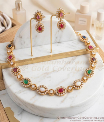 TNL1084 Antique Gold Plated Multicolor Kundan Necklace Set With Earrings
