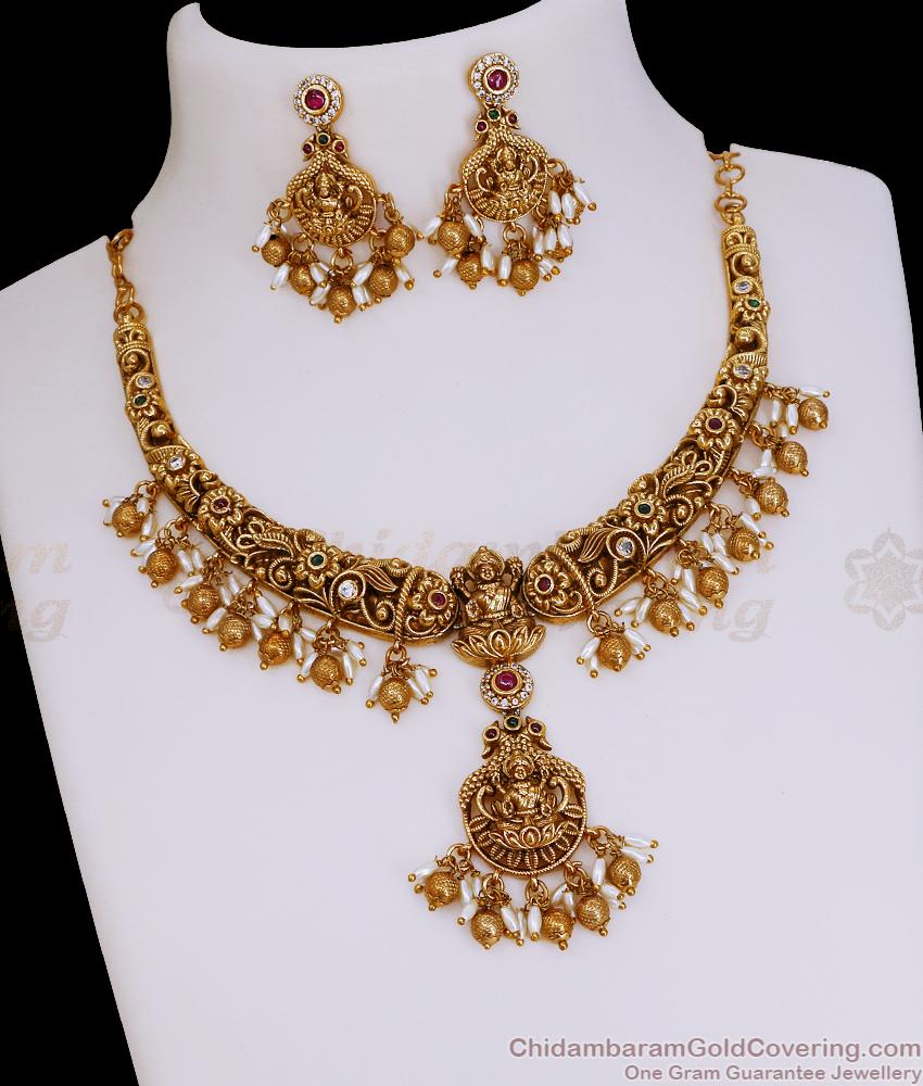 TNL1085 Antique Gold Guttapusalu Necklace With Lakshmi Pendant