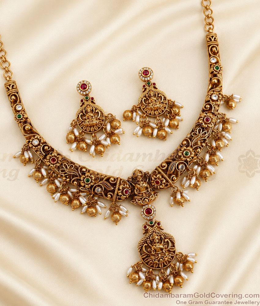 TNL1085 Antique Gold Guttapusalu Necklace With Lakshmi Pendant