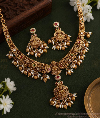 TNL1085 Antique Gold Guttapusalu Necklace With Lakshmi Pendant