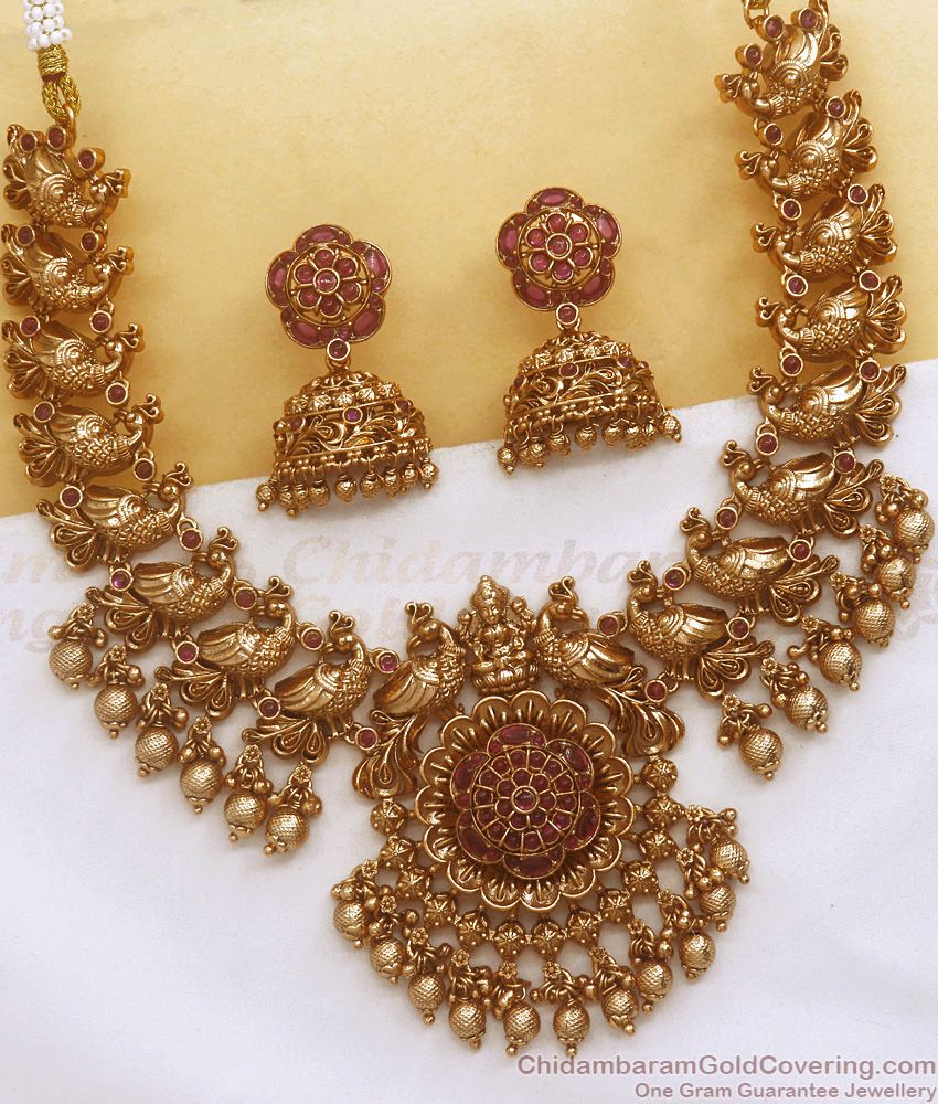 tnl1086 grand lakshmi design antique necklace jhumki earring combo set green ruby stone temple jewellery 1