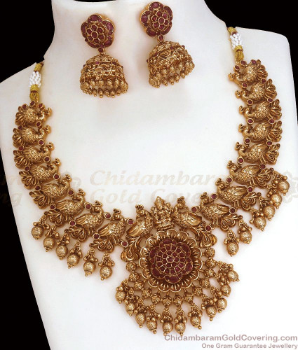 tnl1086 grand lakshmi design antique necklace jhumki earring combo set green ruby stone temple jewellery 2a