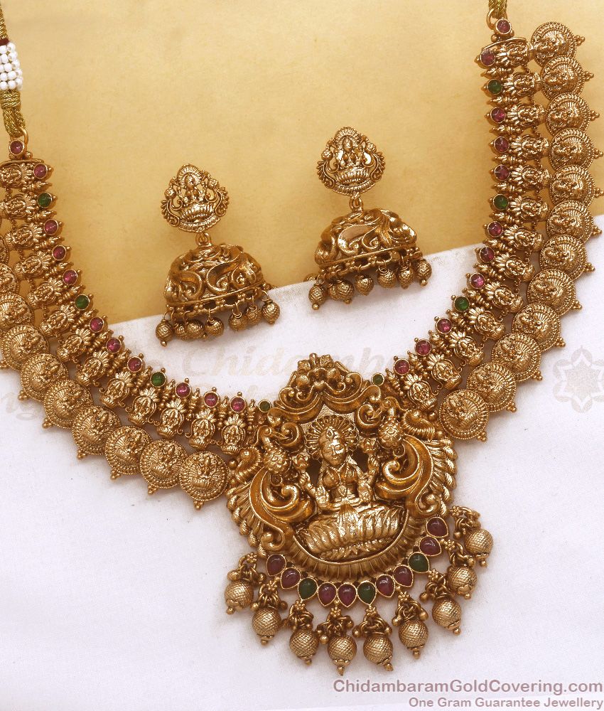 TNL1088 - Goddess Lakshmi Nagas Design Antique Kasu Necklace Earring Combo Set