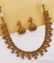 TNL1089 - Lakshmi Pattern Antique Gold Necklace Earring Combo Shop Online TNL1089 - Lakshmi Pattern Antique Gold Necklace Earring Combo Shop Online