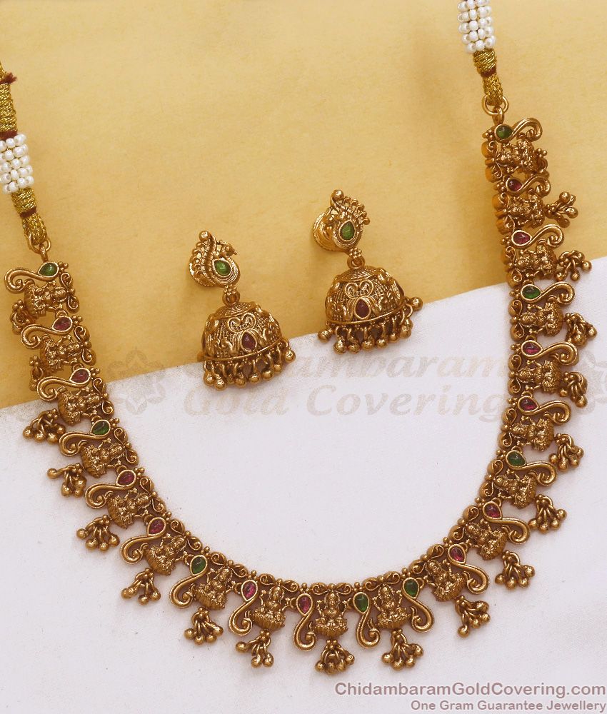 TNL1089 - Lakshmi Pattern Antique Gold Necklace Earring Combo Shop Online