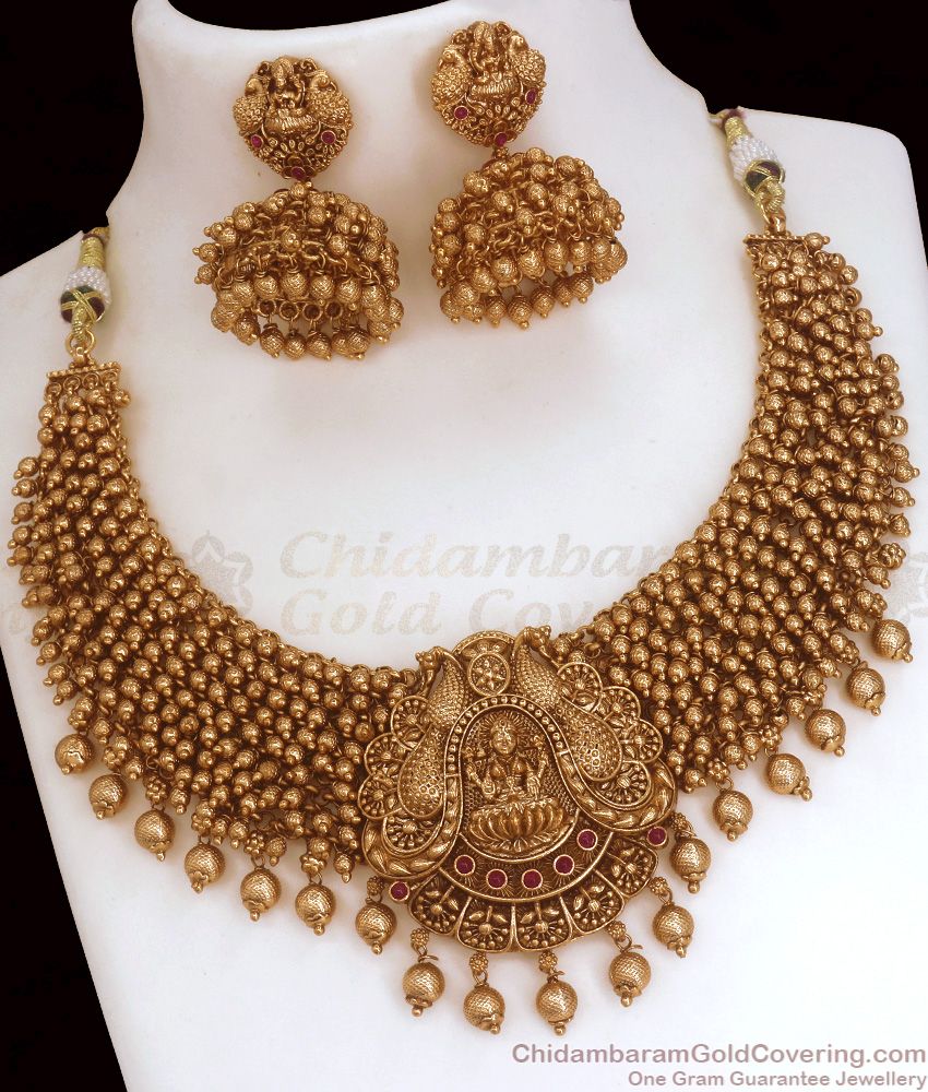 TNL1095 - Original Premium Nagas Temple Necklace Earring Set Gold Cluster Jewelry