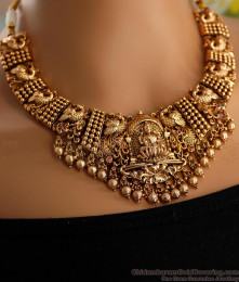 TNL1105 - Antique Temple Jewelry Necklace Set Goddess Lakshmi Design With Jhumkas TNL1105 - Antique Temple Jewelry Necklace Set Goddess Lakshmi Design With Jhumkas