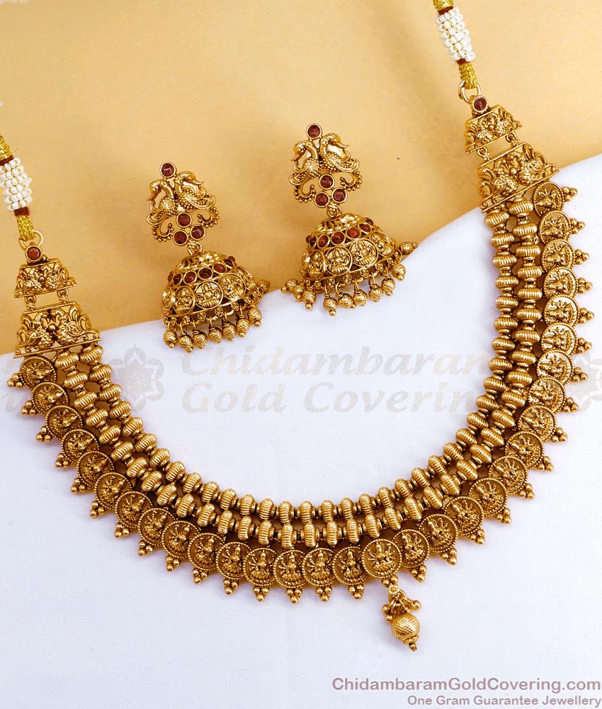 TNL1107 - Lakshmi Coin Matt Finish Antique Gold Necklace With Matching Jhumkas TNL1107 - Lakshmi Coin Matt Finish Antique Gold Necklace With Matching Jhumkas