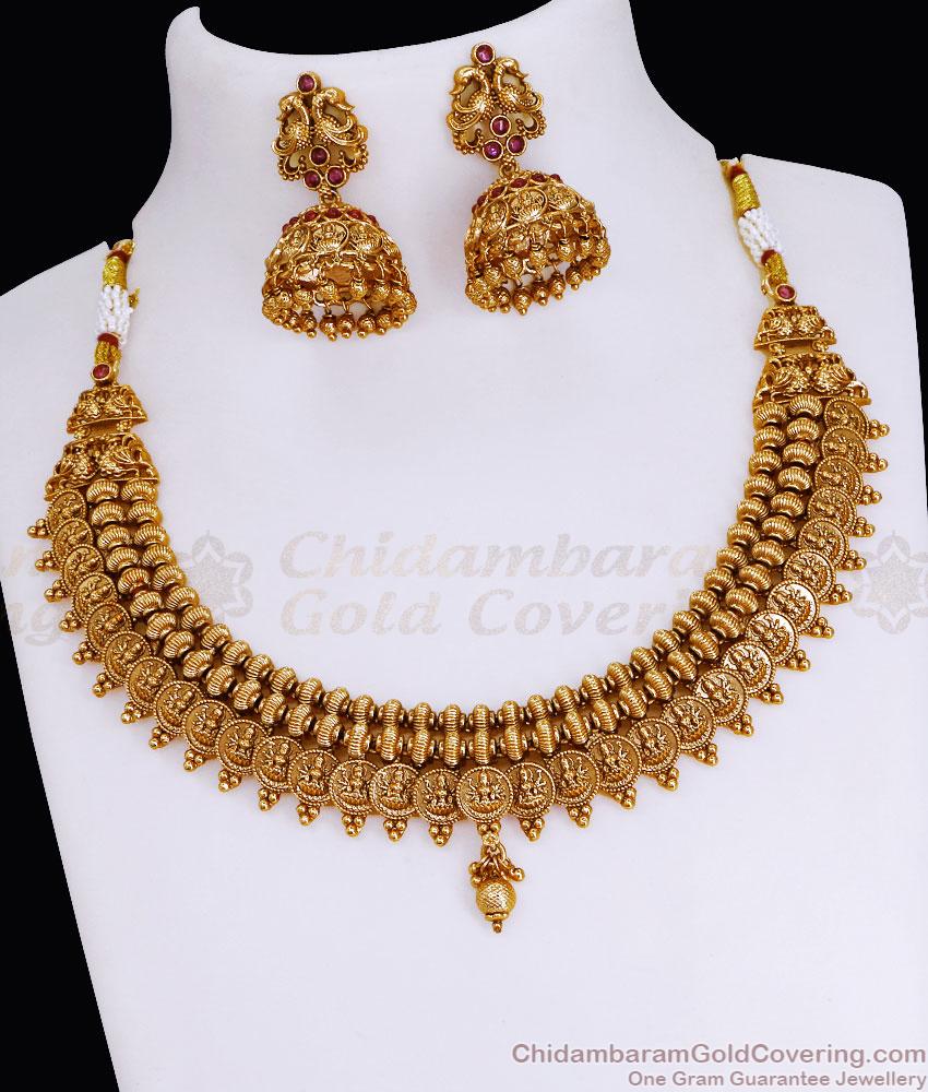 TNL1107 - Lakshmi Coin Matt Finish Antique Gold Necklace With Matching Jhumkas TNL1107 - Lakshmi Coin Matt Finish Antique Gold Necklace With Matching Jhumkas