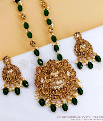 TNL1112 - Majestic Look Antique Finish Lakshmi Necklace Emerald Stone Nagas Bridal Jewelry 
