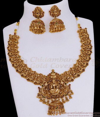 TNL1113 - Grand Antique Gold Lakshmi Necklace Temple Jewelry Bridal Set For Women