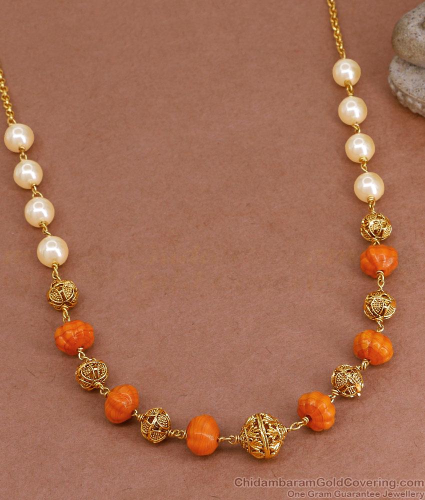 TNL1117 - Premium Quality Designer Antique Gold Mala Orange Crystal Design