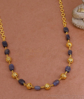 TNL1135 - Short Antique Finish Golden Beads Mala With Blue Crystals