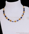 TNL1135 - Short Antique Finish Golden Beads Mala With Blue Crystals