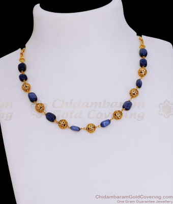 TNL1135 - Short Antique Finish Golden Beads Mala With Blue Crystals