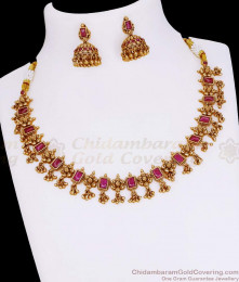 TNL1143 Glittering Ruby Kemp Stone Antique Gold Necklace Bridal Jewelry