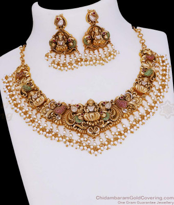 TNL1146 Premium Quality Lakshmi Design Ad Stone Antique Choker Necklace Design For Wedding