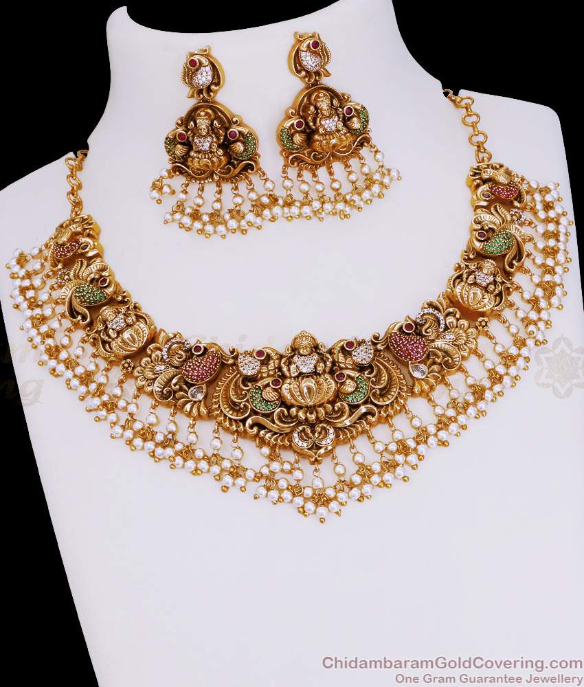 TNL1146 Premium Quality Lakshmi Design Ad Stone Antique Choker Necklace Design For Wedding