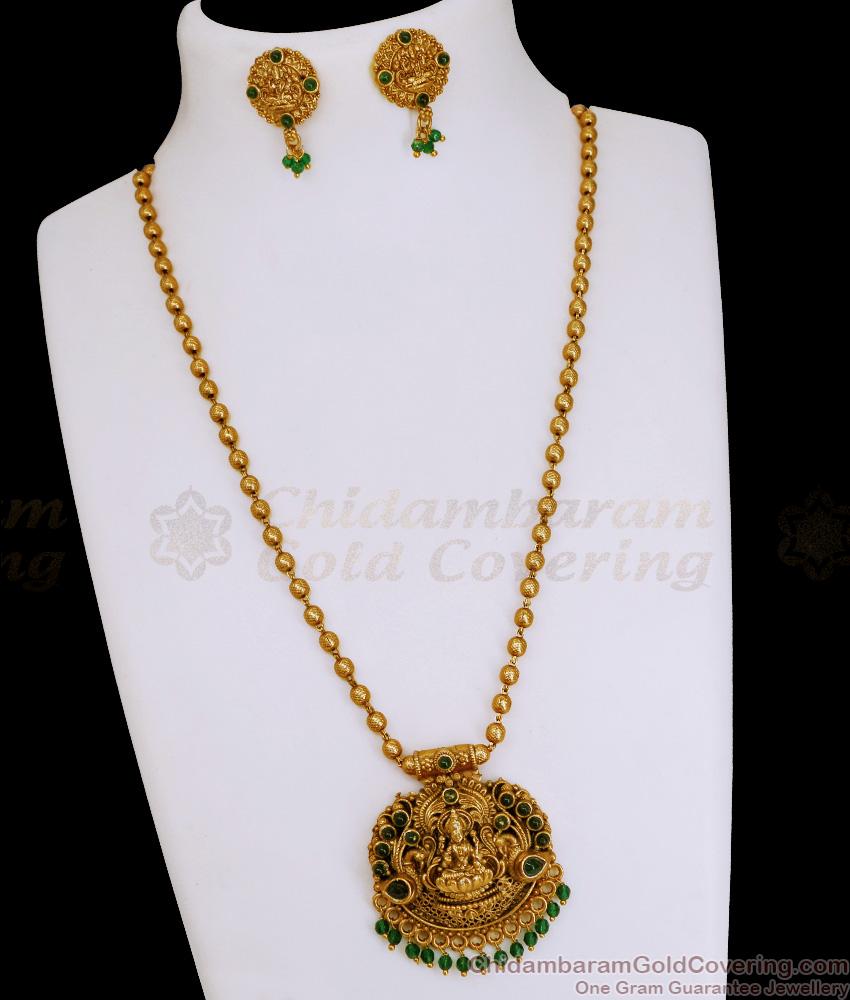 TNL1147 Premium Antique Gold Beaded Lakshmi Necklace Earring With Green Stone TNL1147 Premium Antique Gold Beaded Lakshmi Necklace Earring With Green Stone