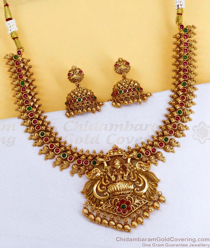 TNL1152 Grand Antique Finish Gaja Lakshmi Choker Necklace Jhumka Set