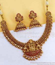 TNL1153 Heavy Bridal Wear Antique Gold Lakshmi Necklace Nagas Temple Jewelry