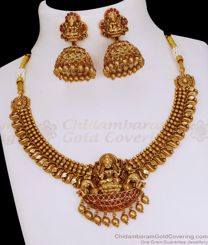 TNL1153 Heavy Bridal Wear Antique Gold Lakshmi Necklace Nagas Temple Jewelry