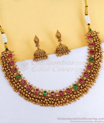 TNL1155 Traditional Antique Gold Finish Lakshmi Choker Kemp Stone Necklace Jhumka Set