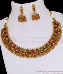 TNL1155 Traditional Antique Gold Finish Lakshmi Choker Kemp Stone Necklace Jhumka Set