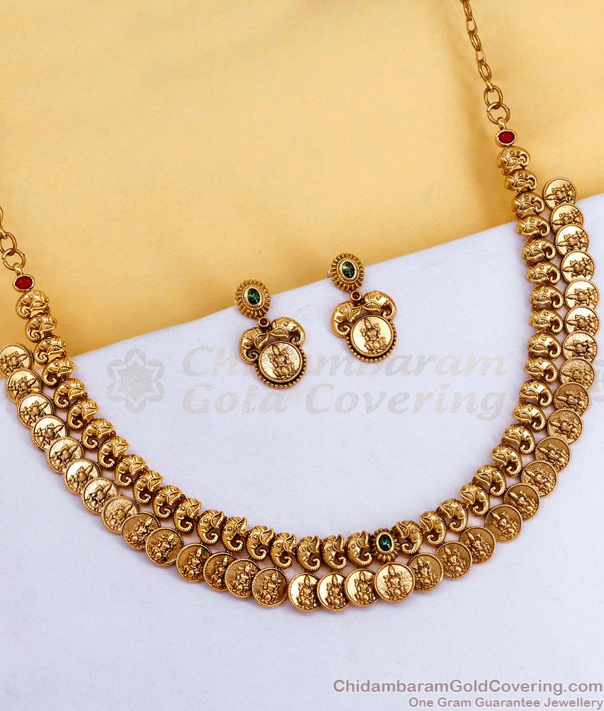 TNL1158 Light Weight Gaja Lakshmi Coin Anqtiue Necklace With Ruby Green Stone TNL1158 Light Weight Gaja Lakshmi Coin Anqtiue Necklace With Ruby Green Stone