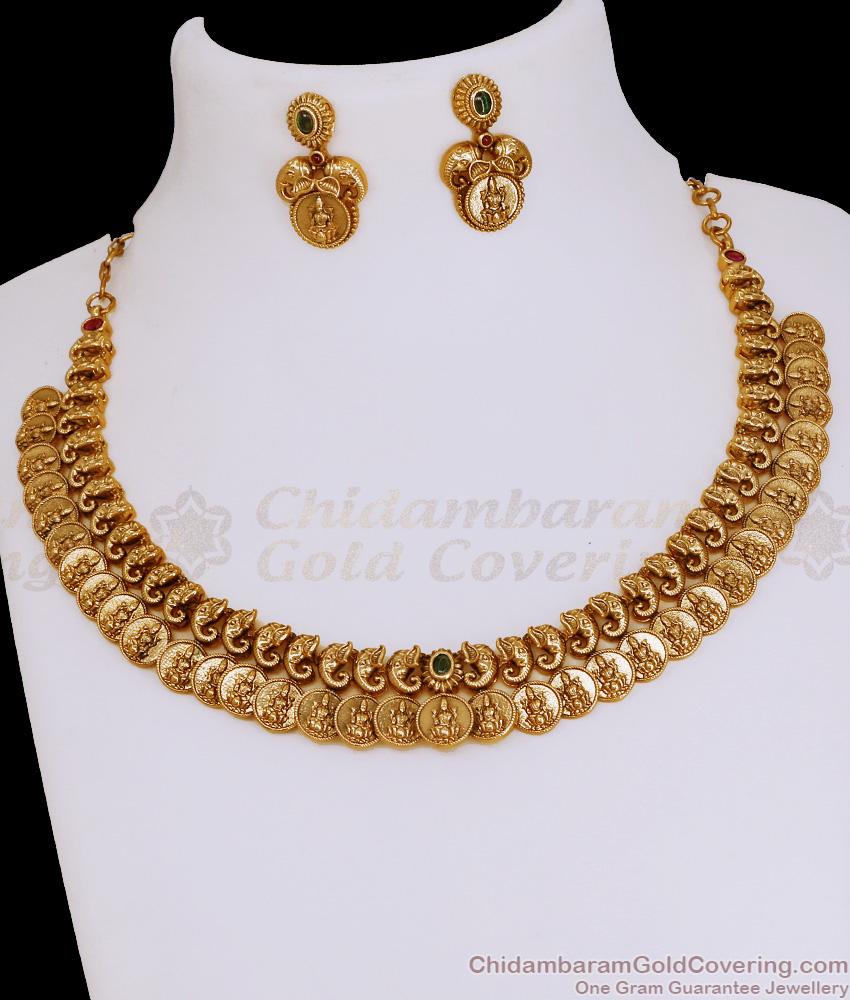 TNL1158 Light Weight Gaja Lakshmi Coin Anqtiue Necklace With Ruby Green Stone TNL1158 Light Weight Gaja Lakshmi Coin Anqtiue Necklace With Ruby Green Stone